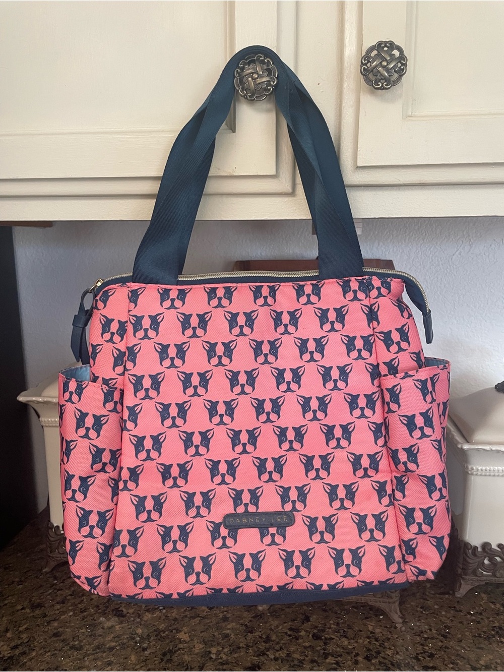 Pink Tote with Navy Frenchie French Bulldog Dog inssolated  lunch bag